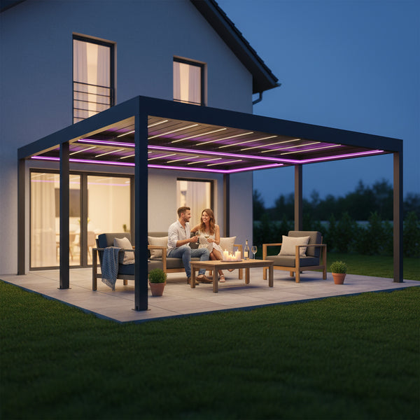 SkyPergola SkyGrand Master Aluminium-Pergola 7x7m Anthrazit mit RGB-Beleuchtung, Terrasse am Abend