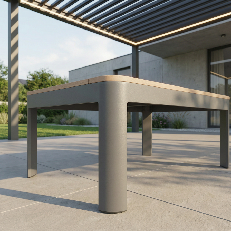 Esstisch der Sky Pergola Aurora Gartenlounge mit Aluminiumgestell und Holzauflage unter der Pergola