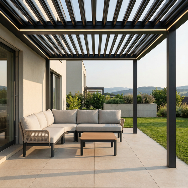Sky Pergola Aurora mit Lamellendach und moderner Gartenlounge auf überdachter Terrasse, Blick ins Grüne