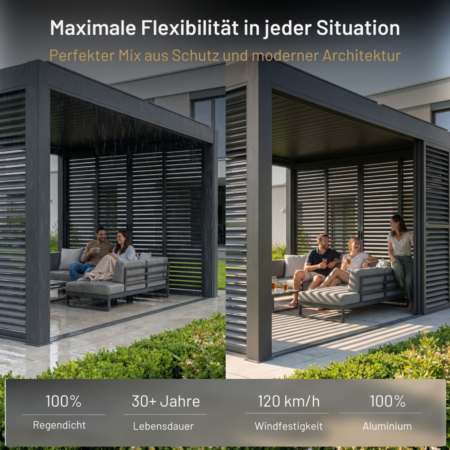 SkyPergola Schiebbare Lamellenwand 100% regendicht, 120 km/h windfest, 30+ Jahre Aluminium-Lebensdauer