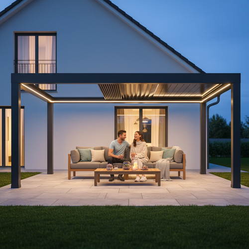 SkyPergola SkyInfinity Pro Aluminium-Pergola Anthrazit mit LED-Beleuchtung, Paar auf Terrasse am Abend